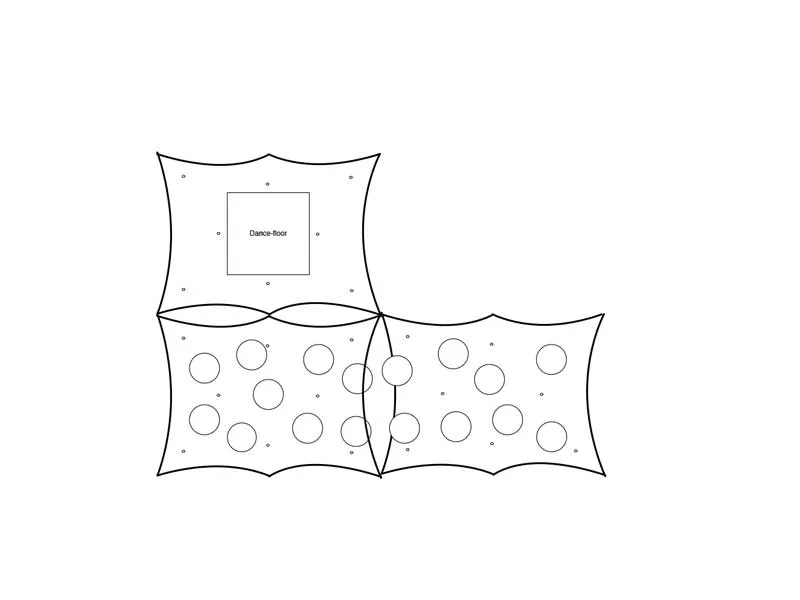 Floor plan: 170 seated across three joined Trapeze marquees
