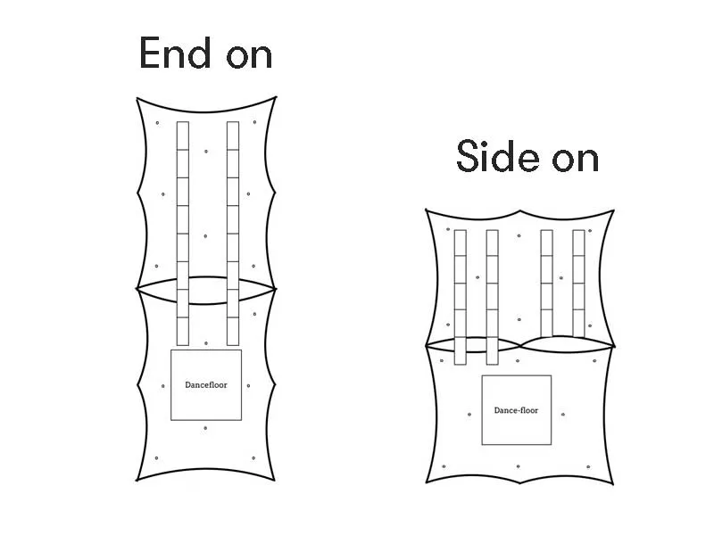 Floor plan: two T40 Trapeze marquees joined, laid out for 80 seated