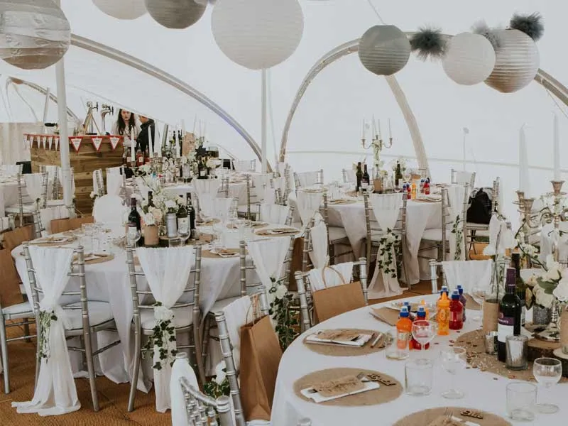 Silver themed marquee interior in Leeds