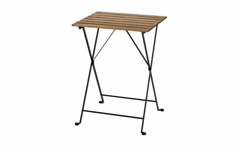 Small garden table with a wooden slatted top and metal legs