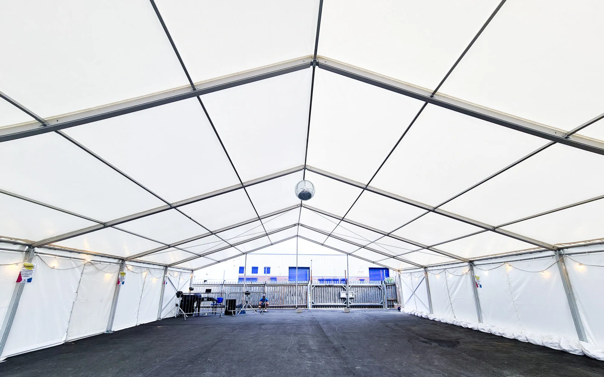 Large clearspan marquee on long-term hire, with a disco ball and PA